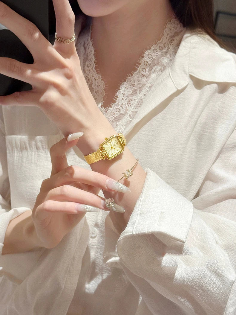 GEDI Gold Stainless Steel Quartz Watch Square Woman High-End Vintage Light Luxury Elegant Women's Wristwatches Gift.