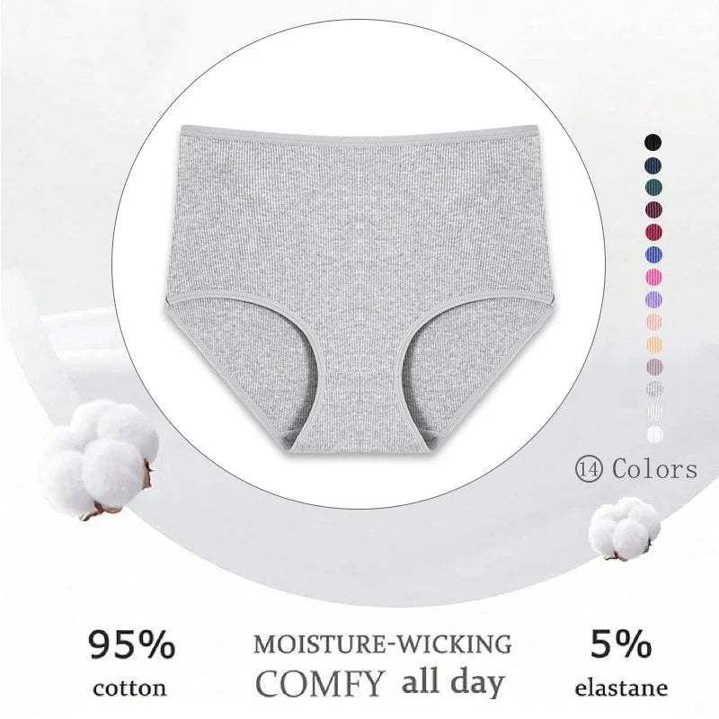 7Pcs Women's Cotton Panties Solid Color Plus Size Briefs Female Mid Waist High Elastic Underwear Cozy Breathable Lingerie S-2XL.