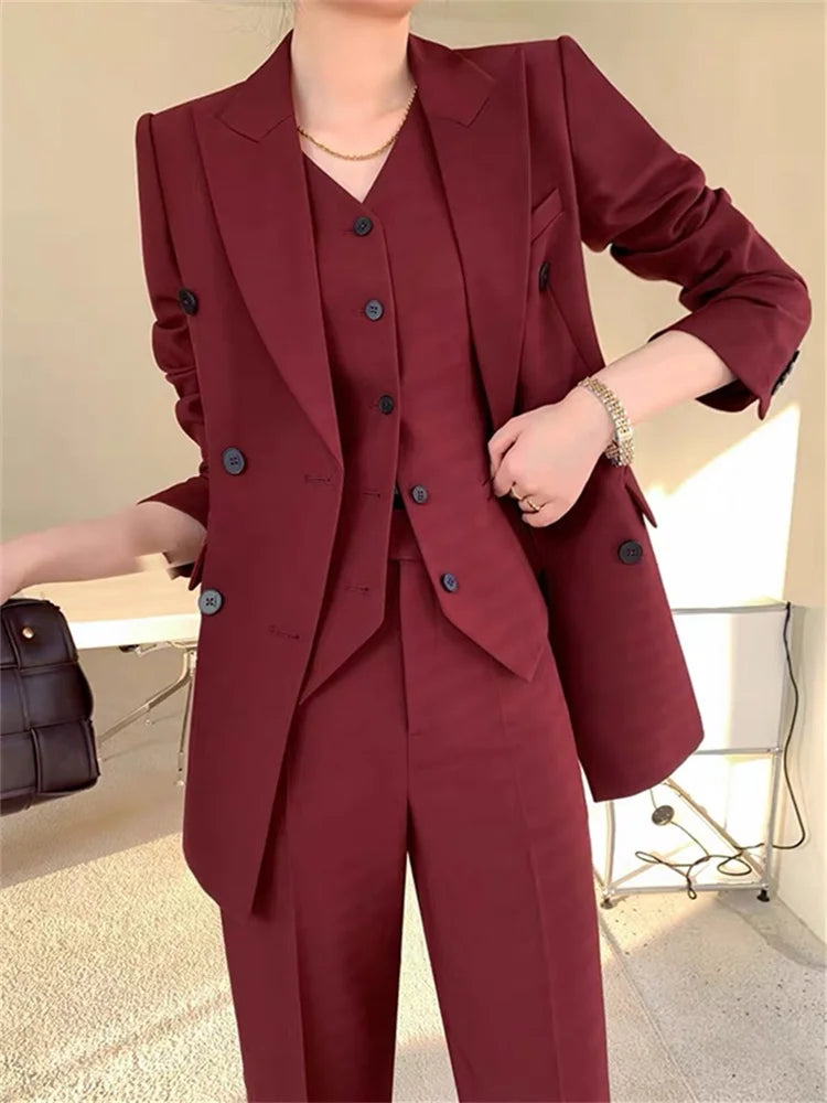 Burgundy Suit Set Women Spring 2023 Office Ladies Lapel Single Breasted Vest Wide Leg Pants Blazer Three Piece Set.