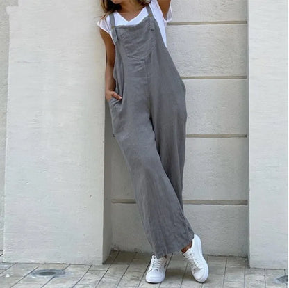 Spring Summer Jumpsuit For Women Solid Color Romper Casual Pant Pockets Button Wide Leg Strap Jumpsuits Loose Rompers Overalls.