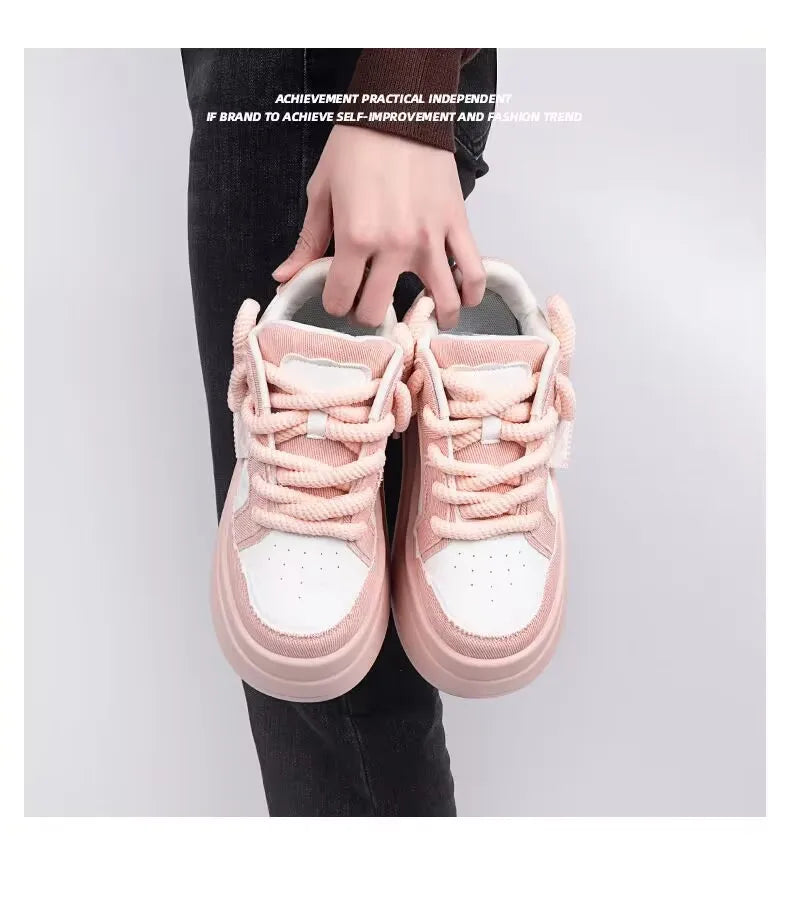 Autumn New Thick Soled Pink Women's Shoes, Wide Toe Versatile Casual Shoes, Round Toe Height Increasing Fashionable Board Shoes.