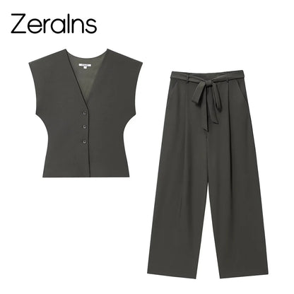 ZERAINS Autumn women's sleeveless V-neck short vest loose fit with waistband pleated high waisted pants set.