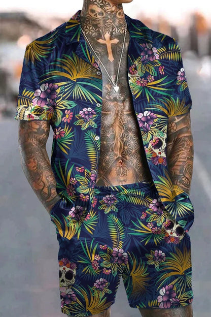 Fashion Men Sets Print Lapel 3D Print Short Sleeve Casual Hawaiian Shirt Beach Shorts 2 Pcs Set Vacation Hawaiian Man Suits.