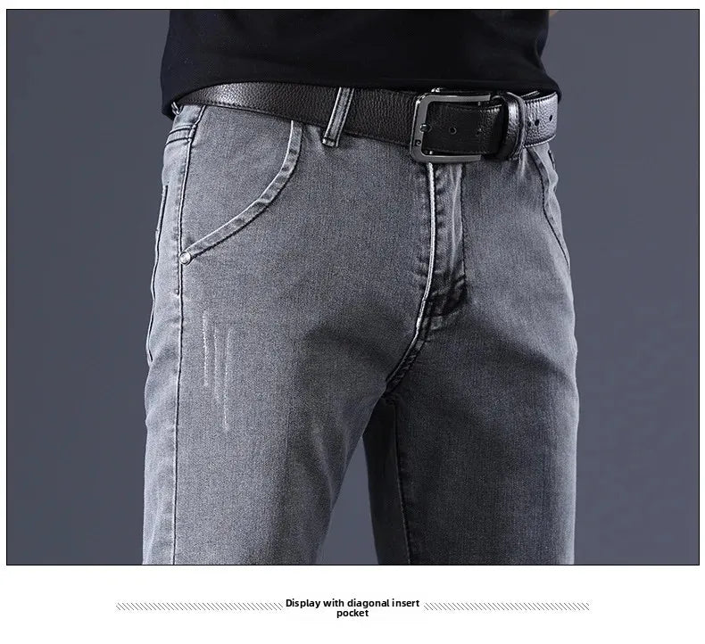 Slim Fit Men's Jeans Casual Elastic Korean Style Autumn Grey Trendy Long Pants Versatile Slim Legged Casual Trousers.