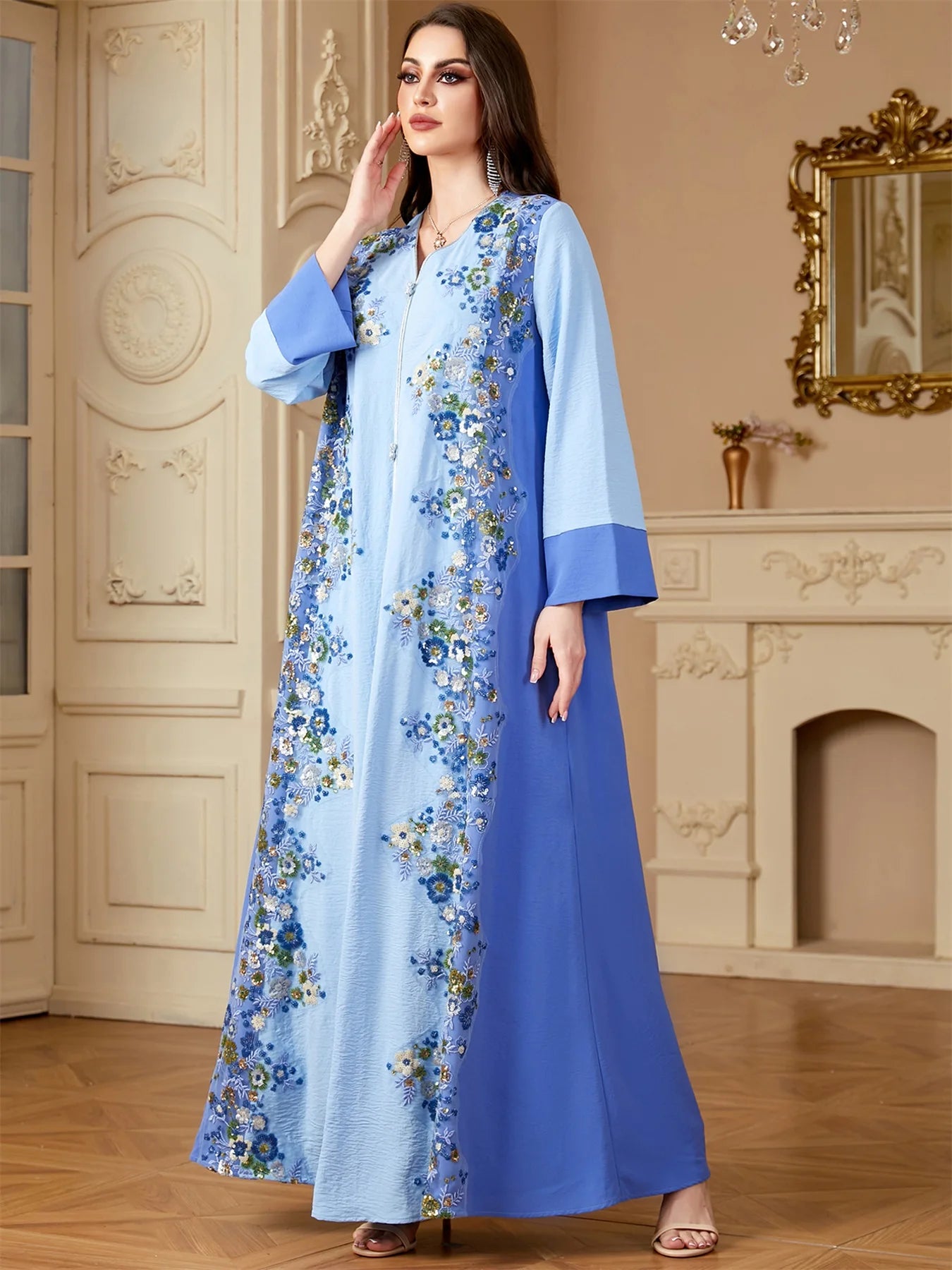 Siskakia Ramadan Dubai Woman’s Abayas Embroidered Sequin Floral Patter V-Neck Elegant Casual Kebaya Muslim Moroccan Long Dress.