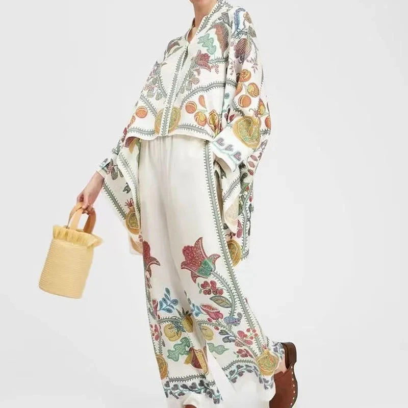Retro Printed Loose Indie Folk Outfit Women Spring Stand Collar Button Irregular Top+Pant Set Fall Batwing Long Sleeve 2pcs Suit.
