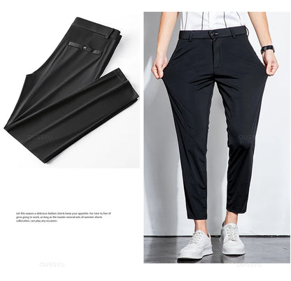 Summer Stretch Suit Pants Men Thin Business Solid Color Slim Ankle-Length Casual Formal Office Trousers Male Plus Size 28-38.