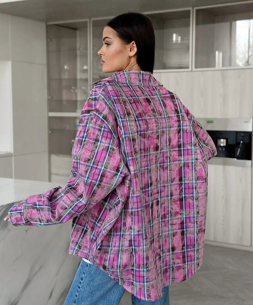 Women's Plaid Shirt Long Sleeve Retro Fashionable Loose Spring Autumn Design Top Street Casual Button Cardigan Blouses for Femal.