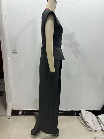 ZERAINS Autumn women's sleeveless V-neck short vest loose fit with waistband pleated high waisted pants set.