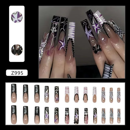 24Pcs Sweet Cool Spice Girl Press on Nails Black French Bow False Nails Y2k Star Glitter Diamond Nail Long Square Gel Fake Nails.