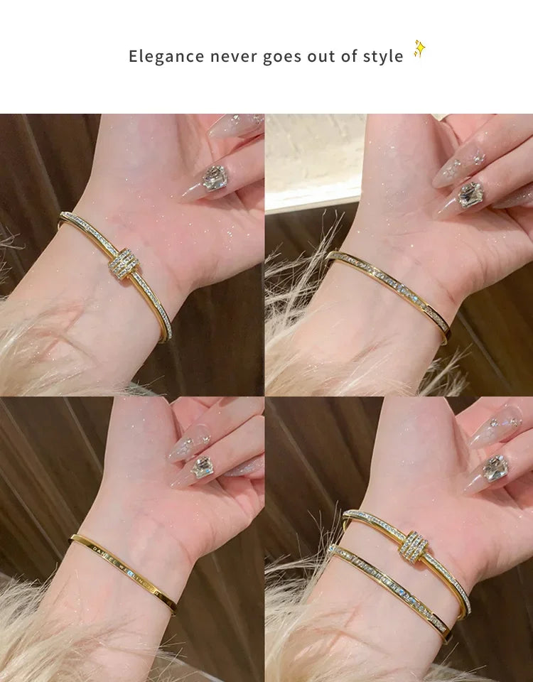 Titanium Steel Gold Silver Color Bangles for Women Girls Trend Waterproof Jewelry Luxury Sparkling Zircon Bracelet Bangle.