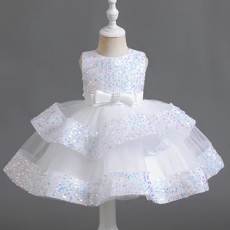 Sommer Neue Perlen Fliege Pailletten Mesh Kinder Ärmelloses Abendkleid Schule Abschlussfeier Multi Layered Kleid