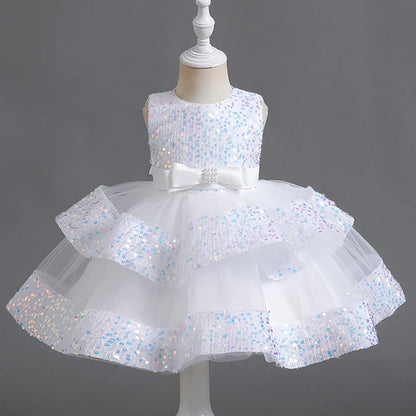 Sommer Neue Perlen Fliege Pailletten Mesh Kinder Ärmelloses Abendkleid Schule Abschlussfeier Multi Layered Kleid