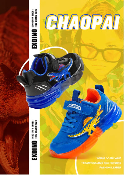 EXDINO Dinosaur Little Kids Spring Autumn LED Light Up Shoes Children Spinosaurus Boys Glowing Casual Sports Sneakers Non-slip.
