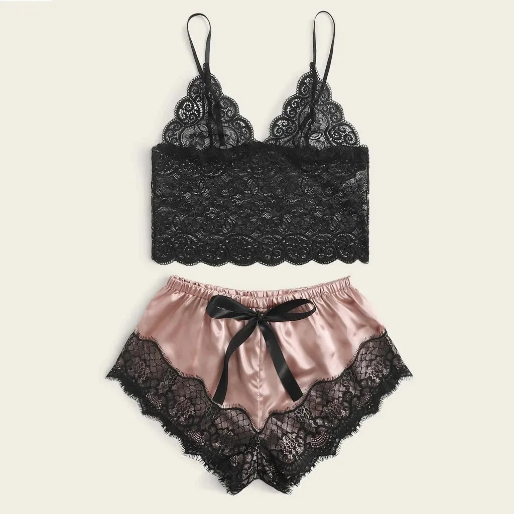 Weibliche Pyjama Sets Spaghetti Strap Top und Shorts Pyjamas Sexy Dessous Seide Satin Nachtwäsche Sommer Hause Tragen Frauen Schlaf Tuch.