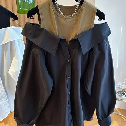 New Off The Shoulder Blouses Women Slim and Loose Tank Top Spliced Long Sleeve Shirts Autumn Round Neck Fashion Shirts Women Top.