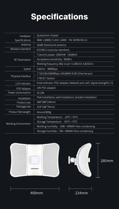 COMFAST 5.8G 900Mbps Outdoor CPE WiFi Router 1-11KM long range Extender High Power WI-FI Wireless Bridge AP/Repeater/Amplifier