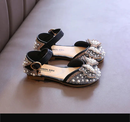 Girls Party Shoes Elegant Rhinestone Fashion Children's Leather Shoes Versatile Sweet Kids Princess Wedding Dress Flats Sandals