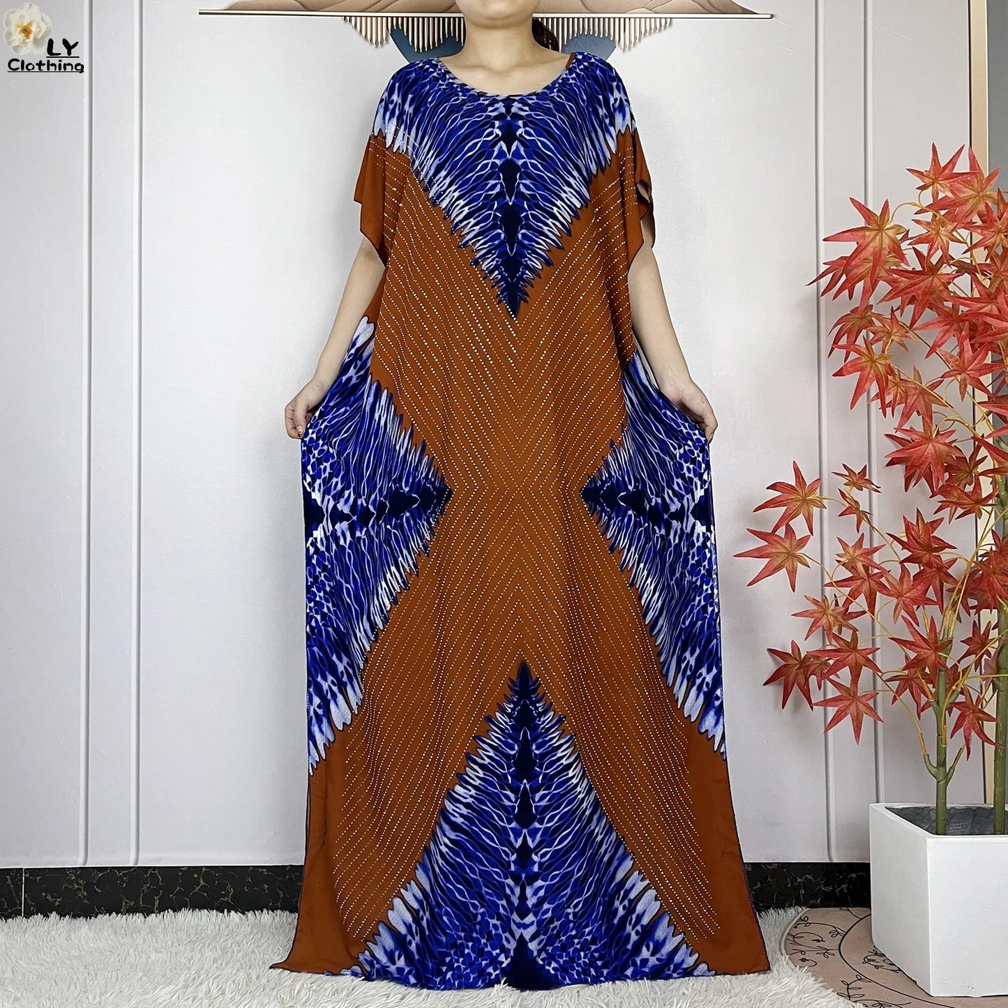 2024 New Muslim Women Dashiki Printed Dress Flower Diamonds Loose Dress With Big Scarf Islamic African Women Short Sleeve Abaya.