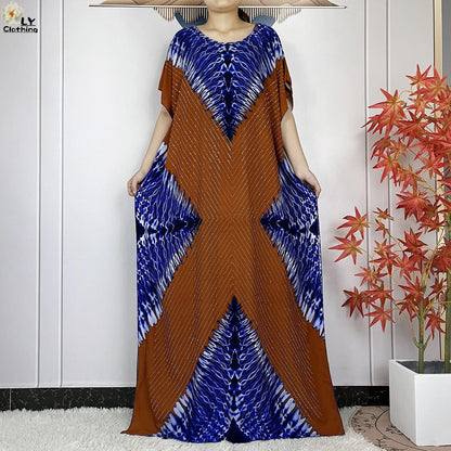 2024 New Muslim Women Dashiki Printed Dress Flower Diamonds Loose Dress With Big Scarf Islamic African Women Short Sleeve Abaya.