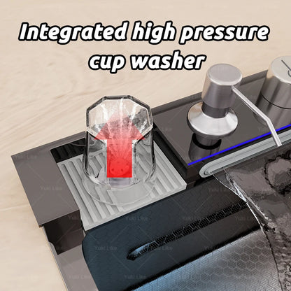 Stainless Steel Waterfall Kitchen Sink With Knife Holder Cup Wash Embossed Extra Large Single Sink Farmhouse Washbasin