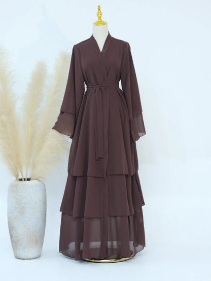Eid Muslim Abaya for Women Chiffon 3 Layers Cake Party Cardigan Robe Jalabiya Dresses Ramadan Morocco Abayas Kaftan Vestidos