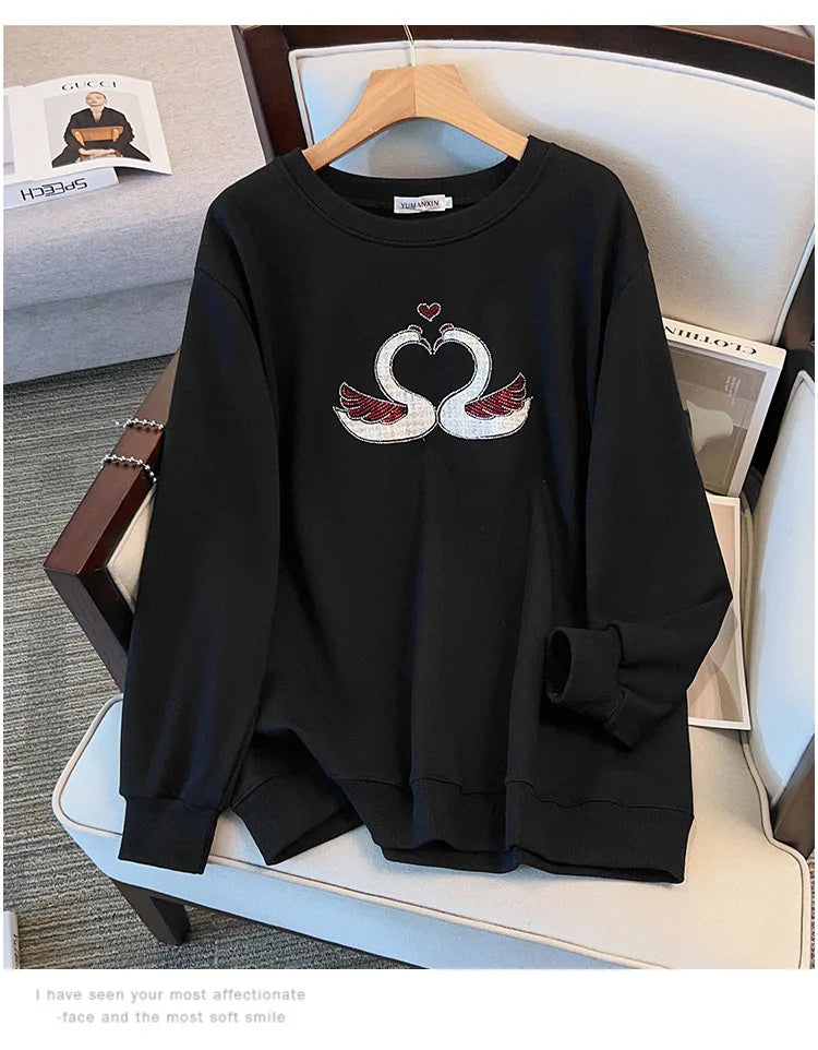 175 kg Übergröße Damen Büste 170 Herbst Lose Rundhals Langarm Diamant Schwan Sweatshirt Schwarz Weiß 5XL 6XL 7XL 8XL 9XL