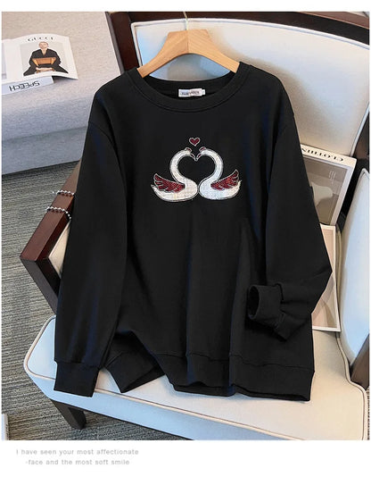 175 kg Übergröße Damen Büste 170 Herbst Lose Rundhals Langarm Diamant Schwan Sweatshirt Schwarz Weiß 5XL 6XL 7XL 8XL 9XL