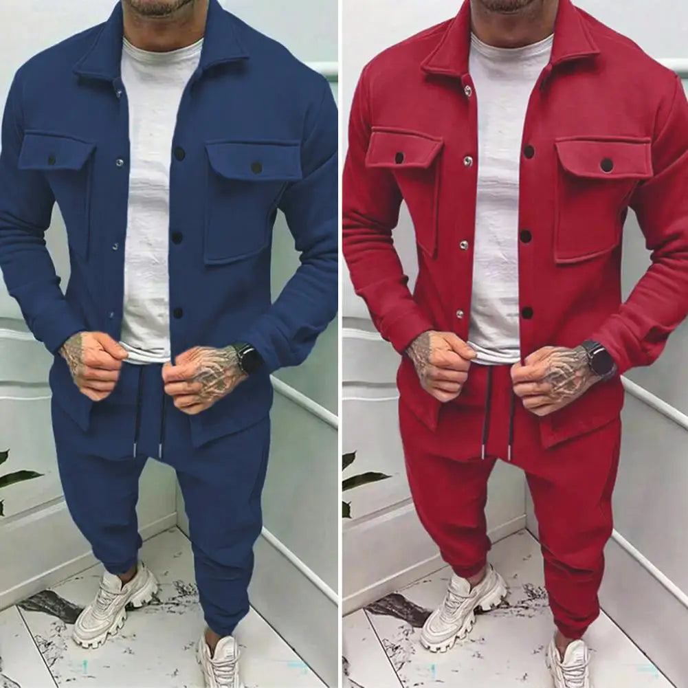 Men Two-piece Suit Set Winter Thick Warm Casual Suit Outfit Long Sleeve Coat Long Trousers Set Fashion Men's Activewear Outwear.