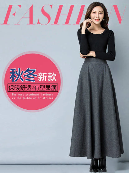Autumn Winter Black Gray Large Size Woolen Long Skirt Women Fashion Korean Ladies Red High Waist Festival Pleated A-line Skirts.