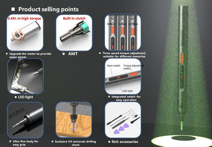 CreationSpace 3,6 V Mini-Elektroschrauber, wiederaufladbarer Schraubendreher-Set mit LED-Licht, 3 Drehmomenteinstellungen, CS0702A, CS701A