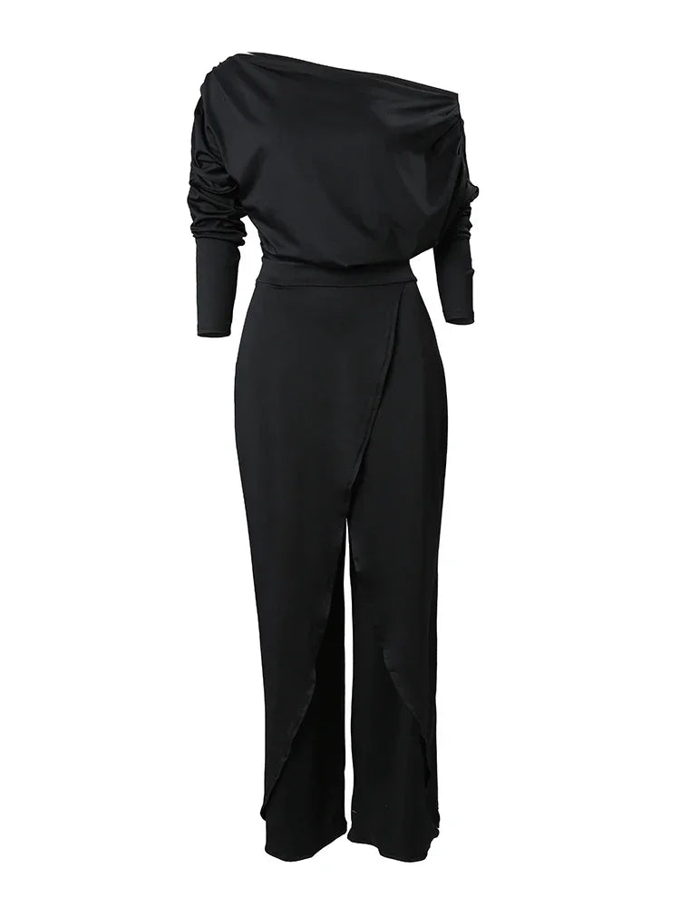 Elegant Jumpsuits for Women 2025 Spring New Plain Elegant Office Lady Loose Ruched Cold Shoulder Split Hem Wide Leg Jumpsuit.