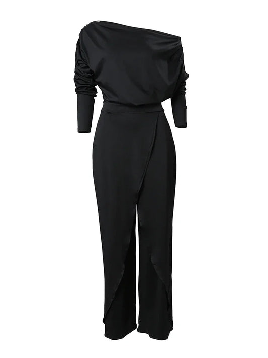 Elegant Jumpsuits for Women 2025 Spring New Plain Elegant Office Lady Loose Ruched Cold Shoulder Split Hem Wide Leg Jumpsuit.