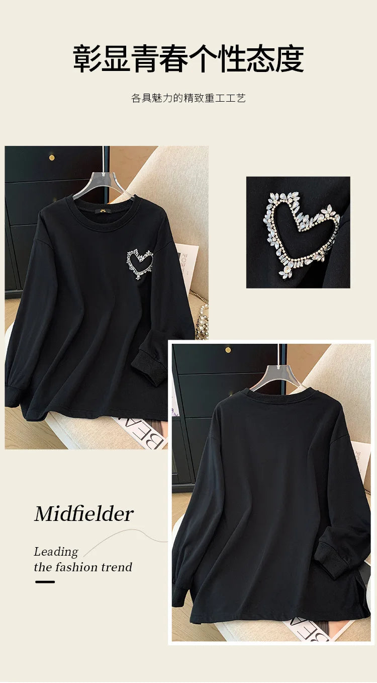150 kg Übergröße Damen Büste 155 Frühling Herbst Lose Sweatshirt mit hellem Diamantherz Schwarz 5XL 6XL 7XL 8XL 9XL.