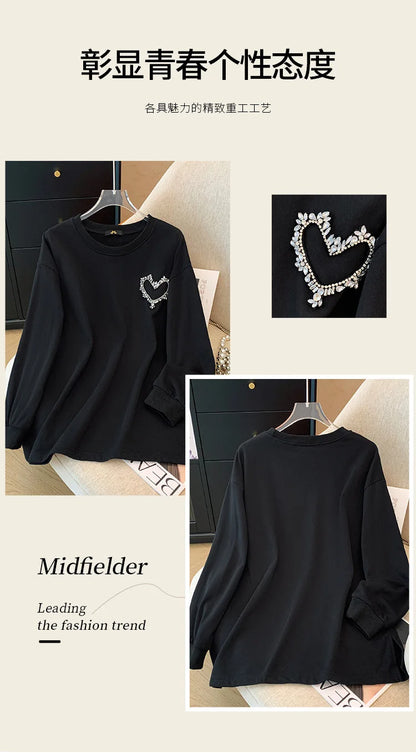 150 kg Übergröße Damen Büste 155 Frühling Herbst Lose Sweatshirt mit hellem Diamantherz Schwarz 5XL 6XL 7XL 8XL 9XL.