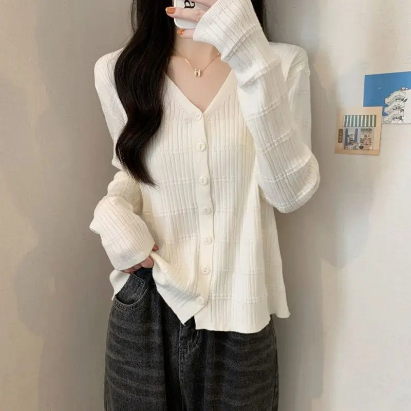 Women's Long-sleeved Button Cardigan Solid Color Casual Loose Fashion Top