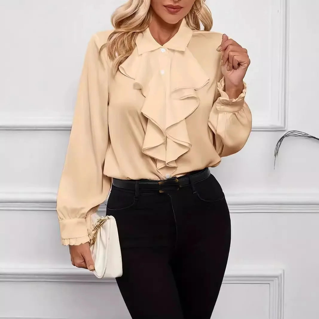 Spring Autumn Shirts Fashion White Ruffled Elegant Blouse Tops Women New Long Sleeve Lapel Woman Shirt Solid Office Ladies Tops.