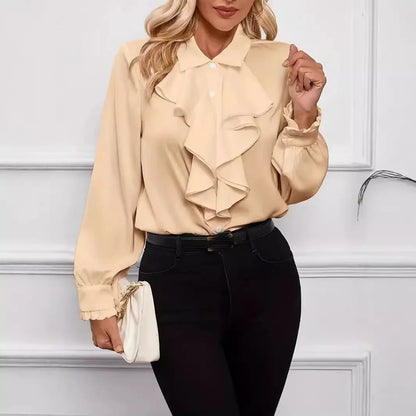 Spring Autumn Shirts Fashion White Ruffled Elegant Blouse Tops Women New Long Sleeve Lapel Woman Shirt Solid Office Ladies Tops.