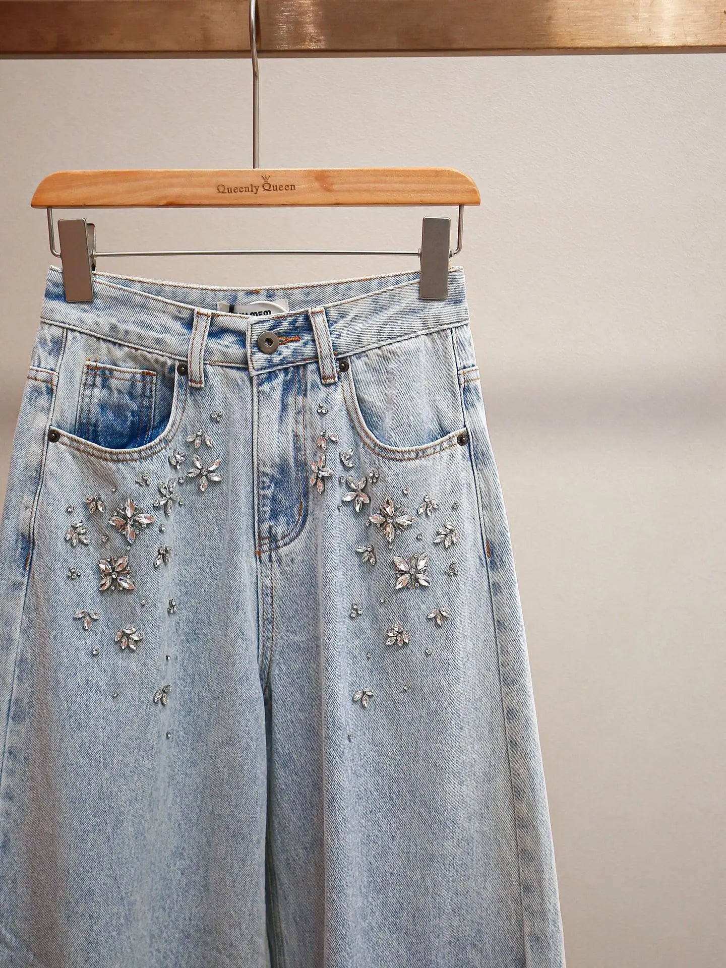 ANJY Autumn Winter Women Fashion Casual Versatile Washed Tide Diamonds Straight Jeans Trend Design Sense High Waist Pants A10636