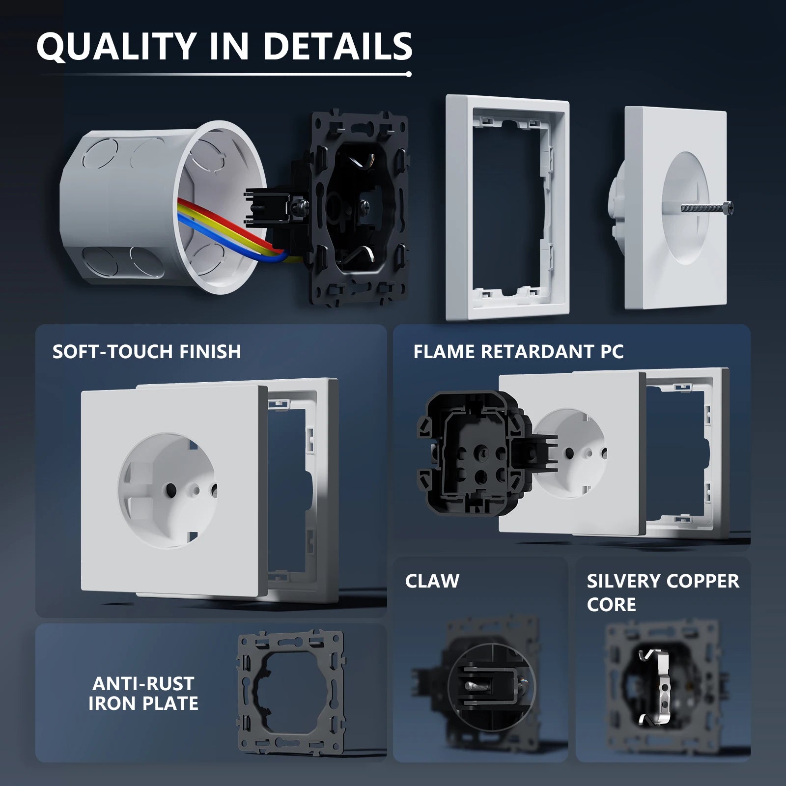 BSEED Einzel-EU-Steckdose, doppelwandige Steckdosen, dreifache Steckdosen, Kunststoffrahmen, 16 A, 80/150/220 mm Größe.