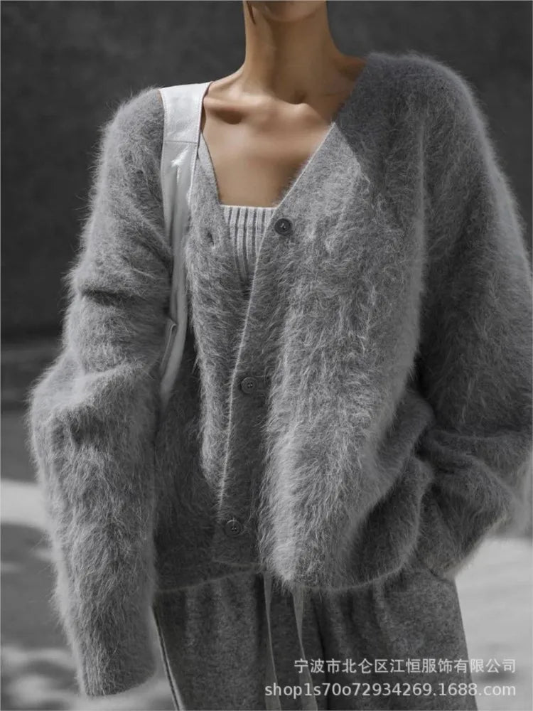 Women New Knitted Thick Cashmere Wool Cardigan Chic V Neck Single Breasted Fashion Long Sleeve Sweater Fall Winter Coat Outwear.