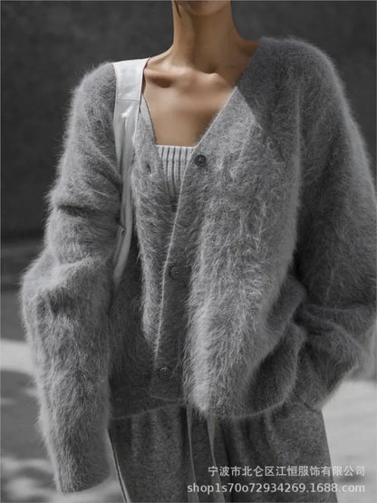 Women New Knitted Thick Cashmere Wool Cardigan Chic V Neck Single Breasted Fashion Long Sleeve Sweater Fall Winter Coat Outwear.