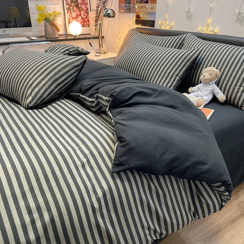 Nordic Plaid Pattern Wash Cotton Bedding Set Duvet Cover Pillowcase Bed Sheet Set Comforter Cover Bed Linens Set Queen King Size.