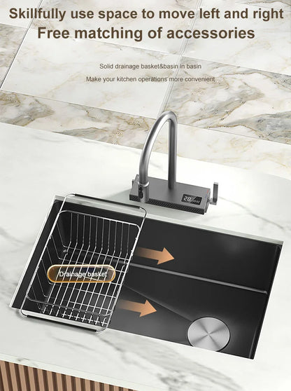 Black Stainless Steel Kitchen Sink Waterfall Sink dishwashing Basin Large Single Sink Household Sink Under The Counter Sink
