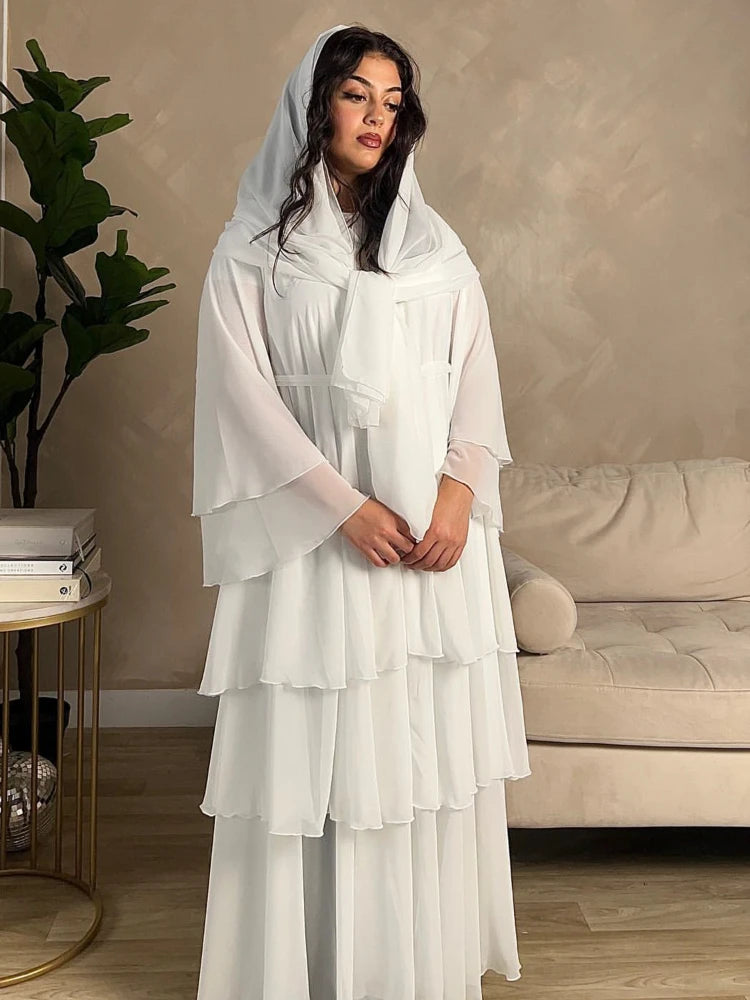 Eid Muslim Abaya for Women Chiffon 3 Layers Cake Party Cardigan Robe Jalabiya Dresses Ramadan Morocco Abayas Kaftan Vestidos.