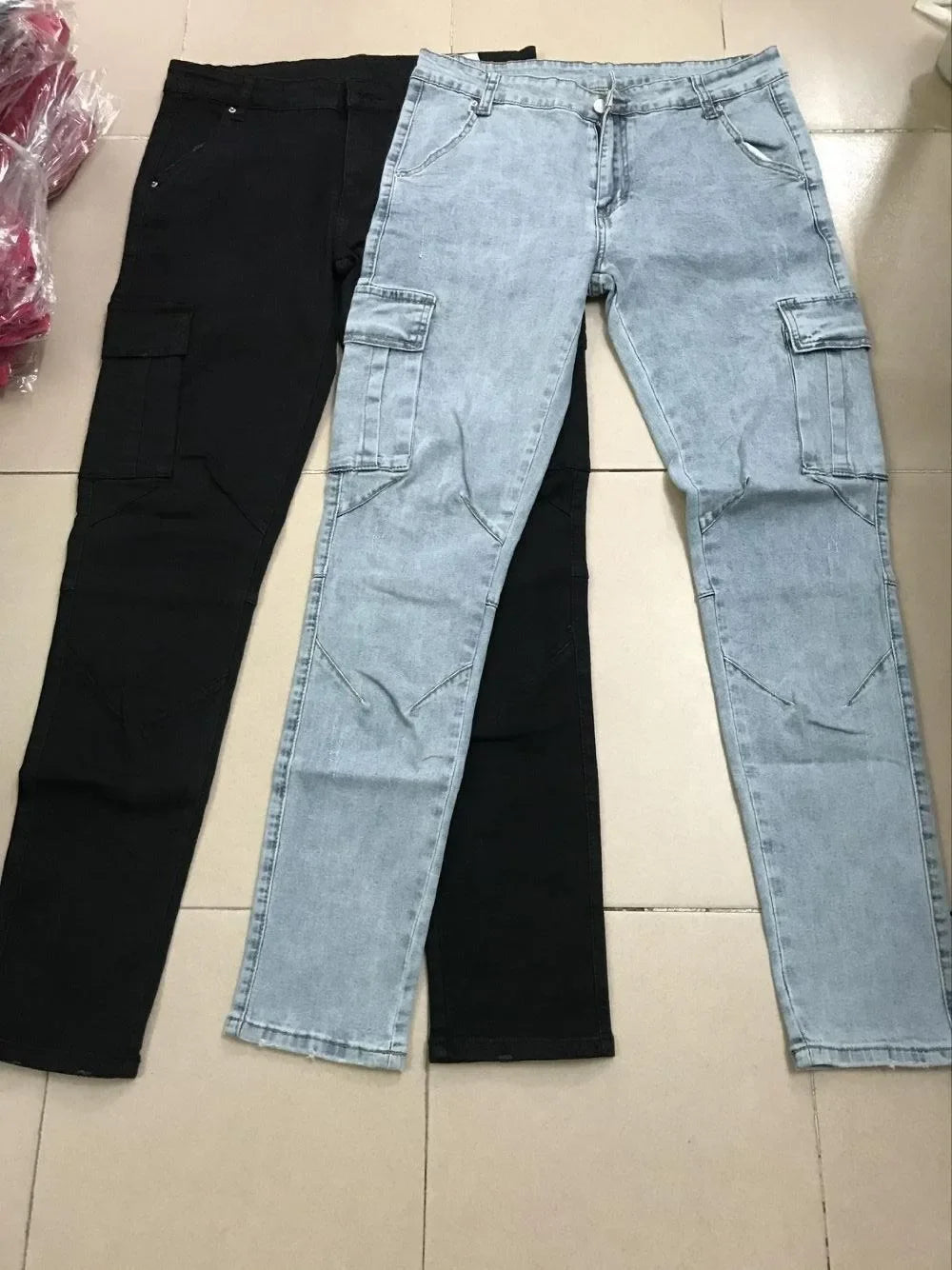Männer Straße elastische Jeans Jeans waschen einfarbige Multi-Taschen Cargo hose lässig Slim Fit täglich tragen Jogger mittlere Taille Hose.