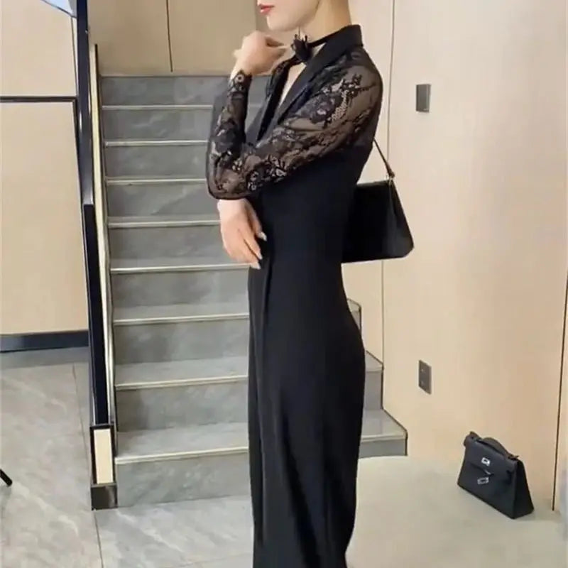 BESTBAFU Sexy Lace Patchwork Sheer Jumpsuit Women  Spring Elegant Office Formal Outfit Black High Waist Wide Leg Romper 126P.