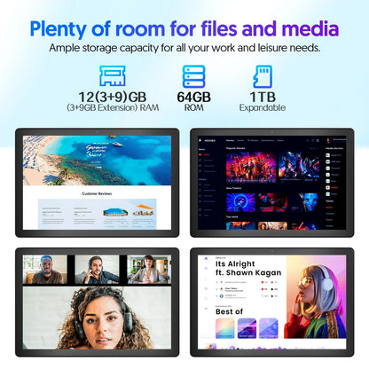 BAKEN Android 15 tablet, 10-inch, 12 (3+9)GB RAM + 64GB ROM, quad-core, 6000mAh battery, includes a free protective case.
