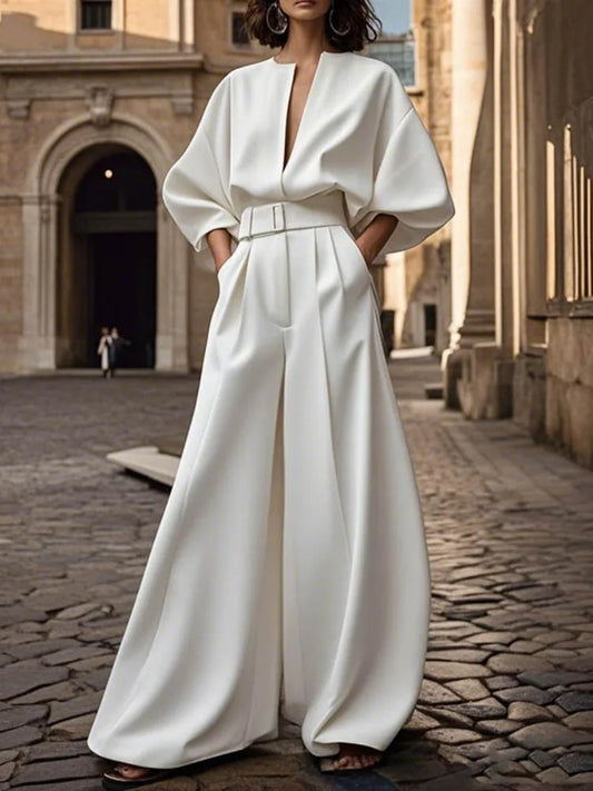 Yeezzi Women's White Wide Leg Jumpsuit With Belt 2025 New Half Sleeves Loose Deep V-Neck Elastic High Waist Elegant Jumpsuits.