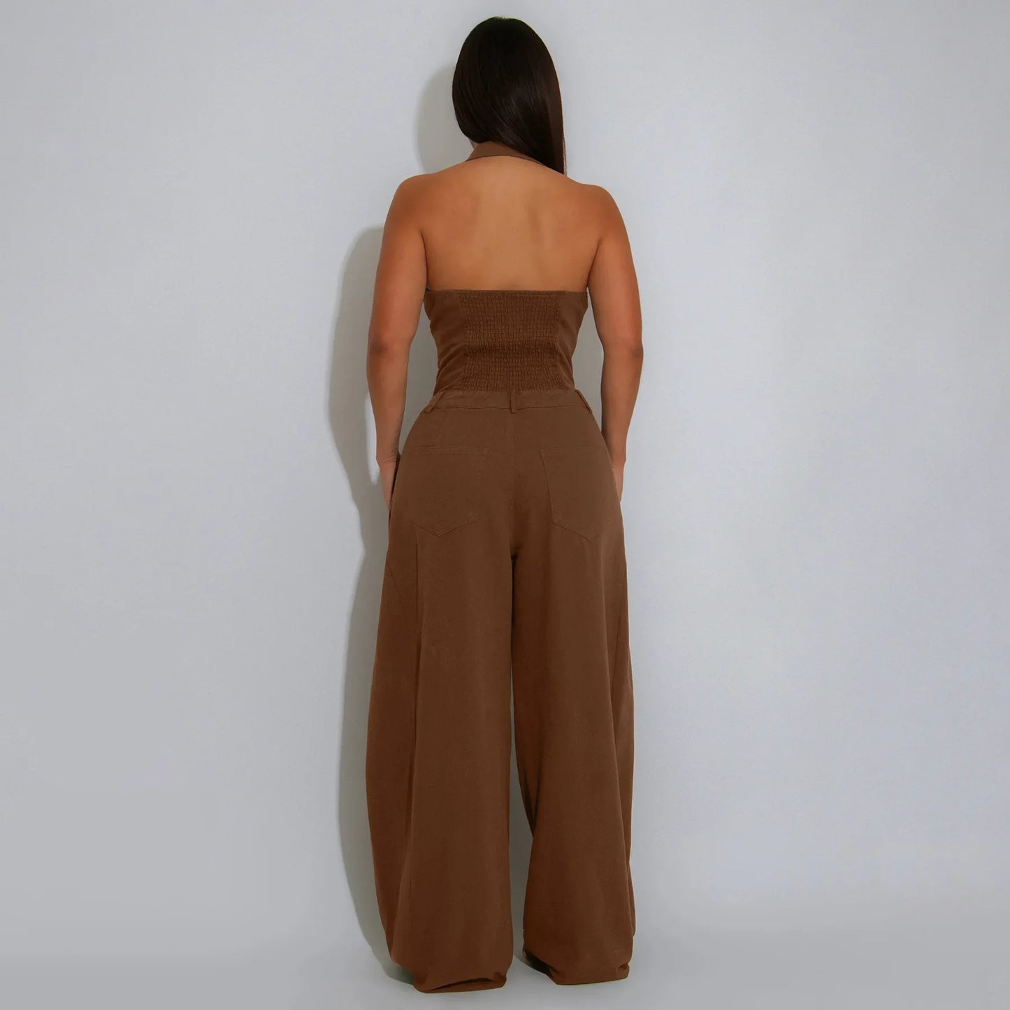 Fashionable Backless Casual Romper with Pockets for Women Summer Breathable Lightweight Solid Color One-Piece Suit